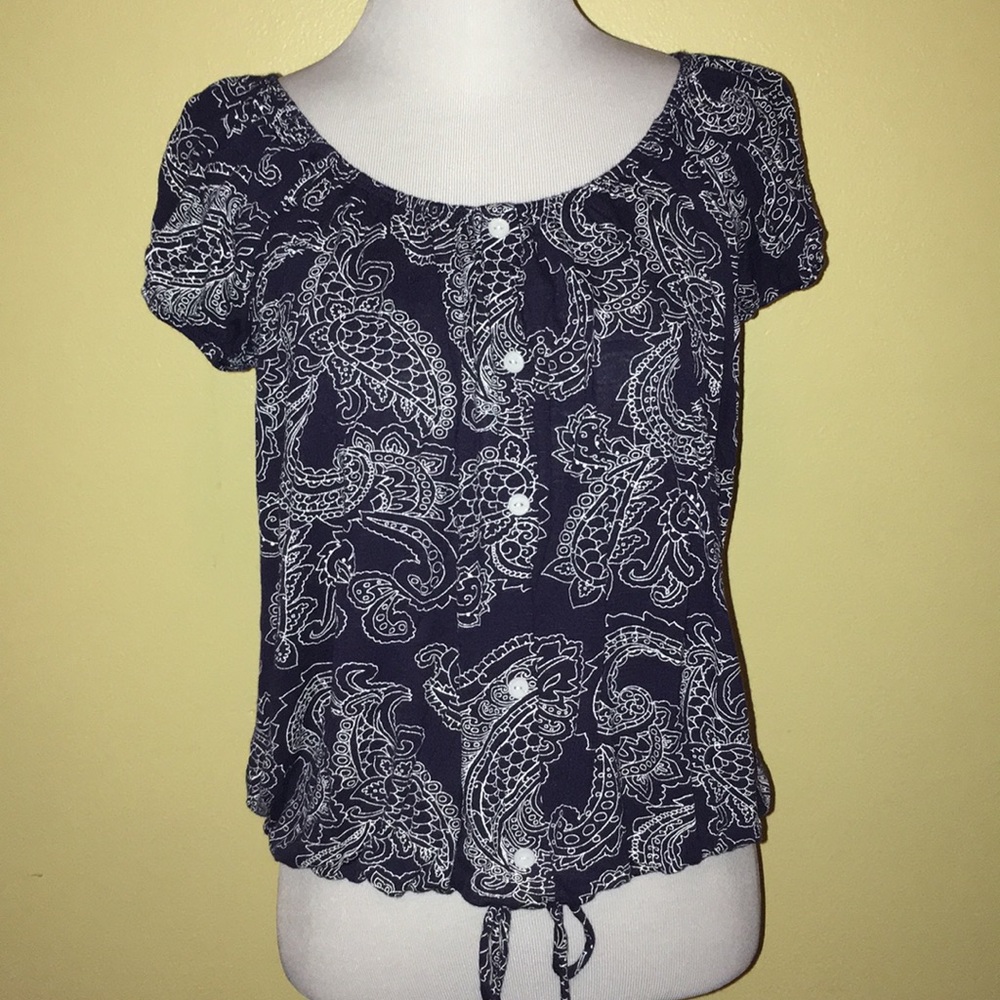 Navy and white peasant top, short sleeve